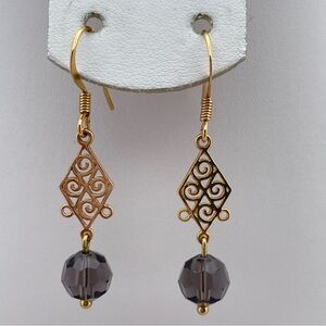Gold Tone Filigree Dangle Earrings with Smoky Purple Beads